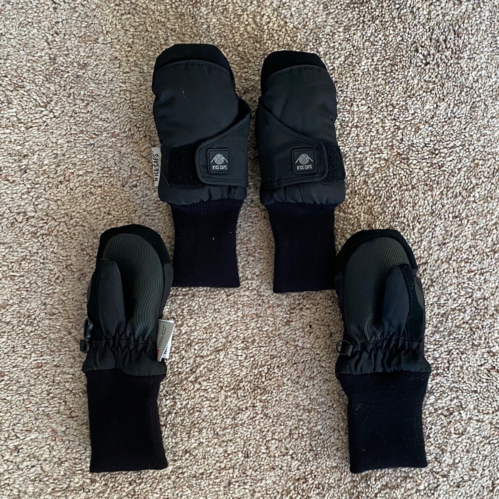 2 MATCHING Sets Waterproof Black Kids Mittens